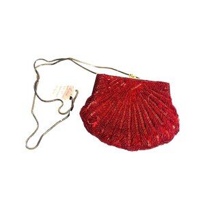 Vintage Red Beaded Evening Clutch‎ With Chain Strap